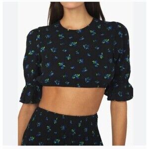 WeWoreWhat Revolve Ruffle Crop Blouse Watercolor Ditsy Black Size Medium NWT!